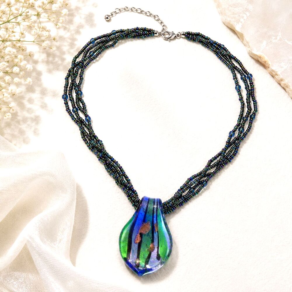 Multi Color Seed Bead and Art Glass Pendant Necklace